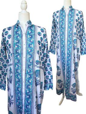 Bella Tu Aster Shirtdress Maxi Blue Floral Cotton Long Sleeve Modest Size Small